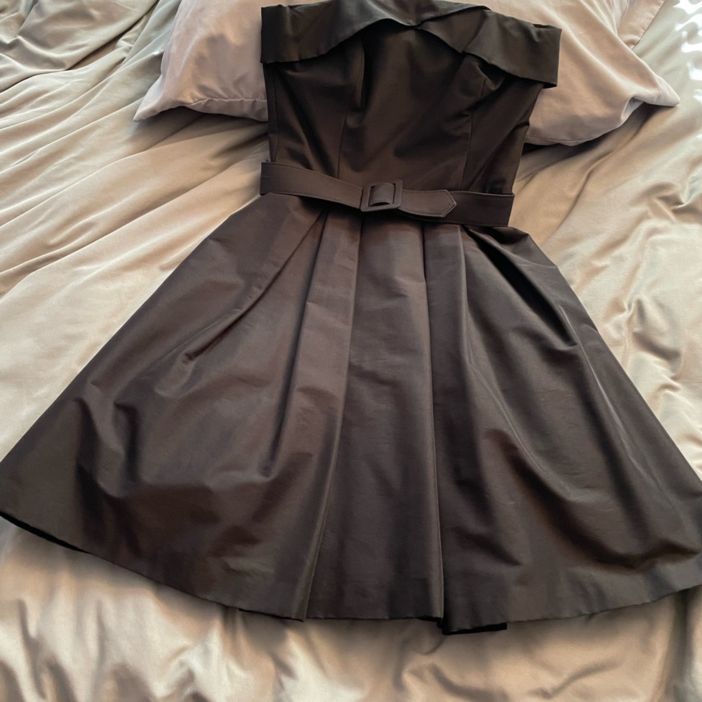 White House Black Market Black Strapless Pleated Dress with belt.